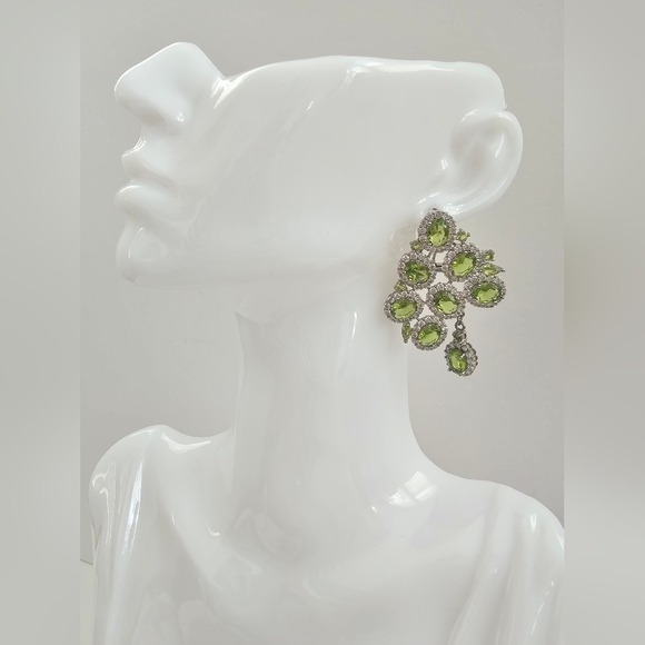 Peridot Brilliant Green Oval Gemstone 925 Silver Large Statement Earrings